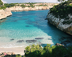 a calm, blue water beach surrounded by sandy land